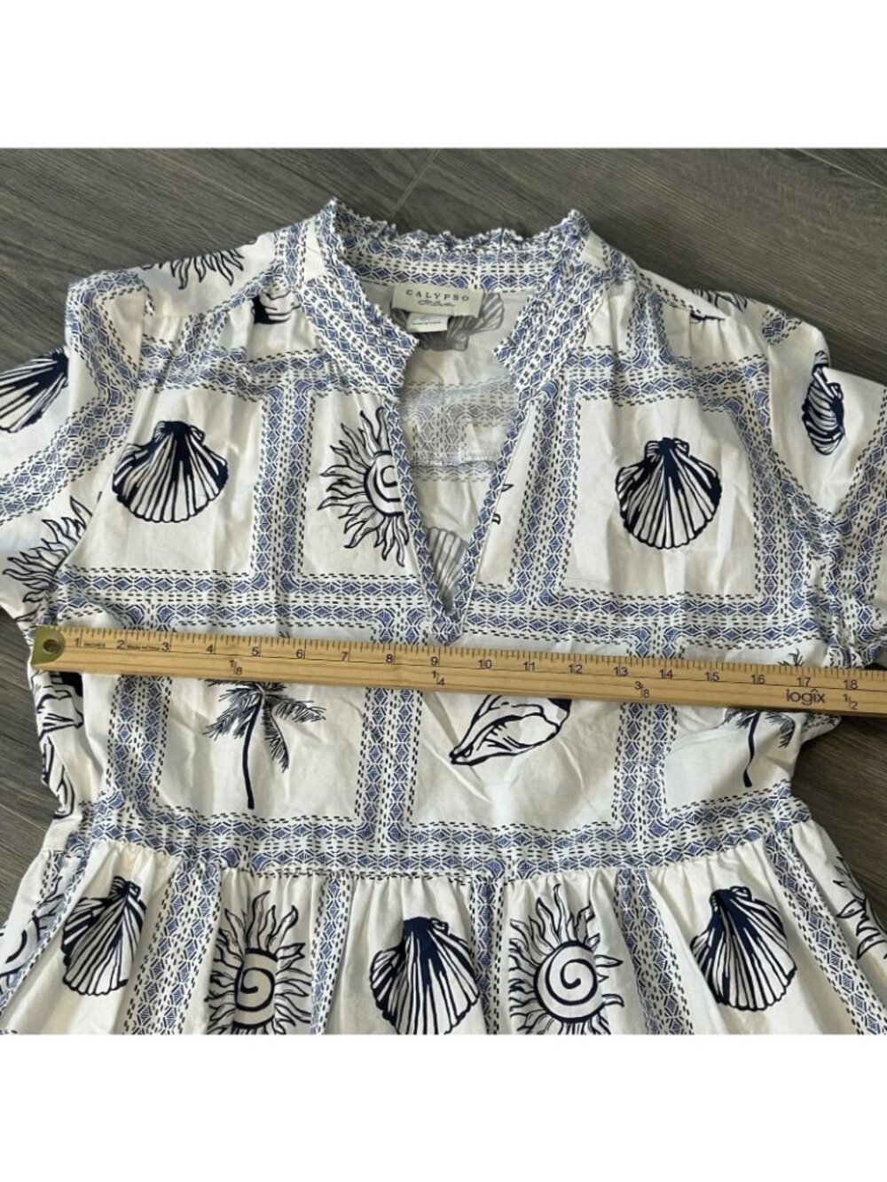 Calypso St. Barth Dress Womens L White Blue Seashell Coastal Palm Tropical Beach - Picture 6 of 11